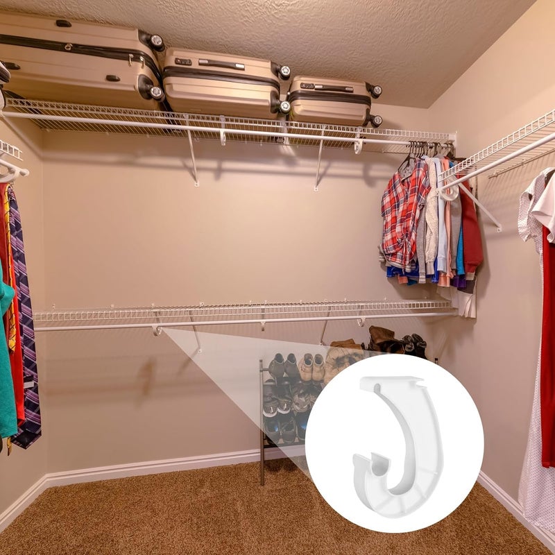 YLOLUL 4Pcs 3/4 Hanging Rod Support White Closet Shelf Rod Holder J-Shaped Closet Brackets for Hanging Clothes Cabinets Storage and Curtain Fixation - Image 4